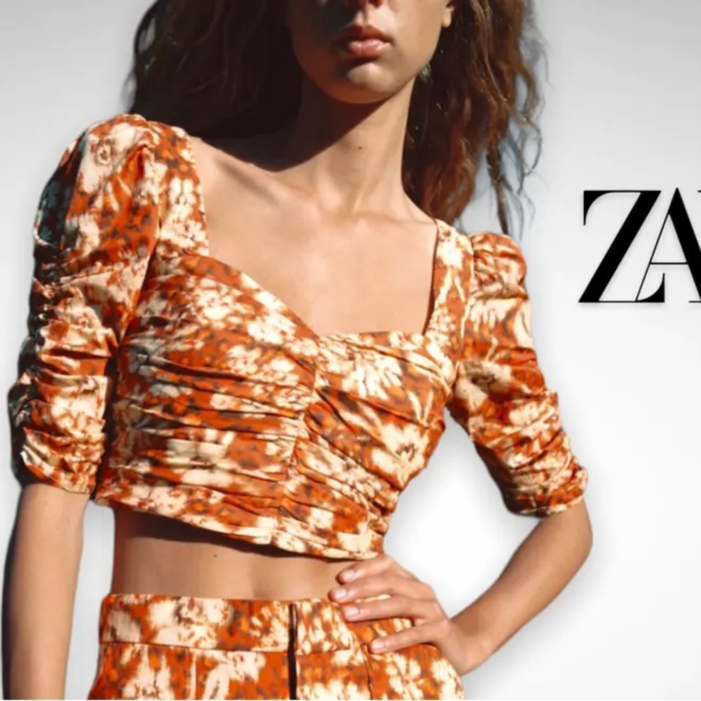 NEW Zara Printed Drape Crop Top Square Neck Orange Floral Size XS Barbiecore